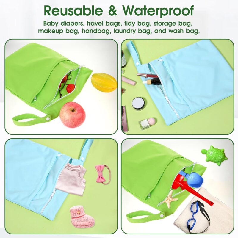 Molain wasserdichte Stoffwindeln Nasstaschen, Wiederverwendbar windeltasche, 2 Stück Wetbag mit Reißverschluss Wet Dry Cloth Windeltasche wasserdichter beutel für Baby Reisen Unterwegs (himmelbl+grün) – Bild 7