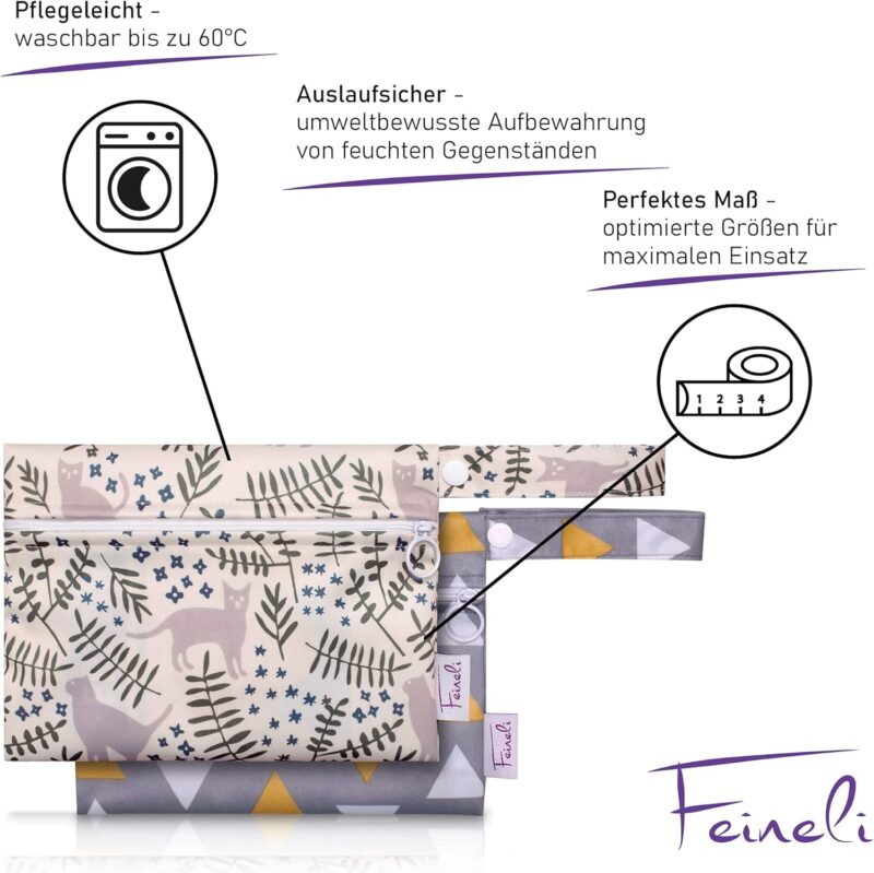 Feineli® Nasstasche Wetbag - 2er Set (Geometrische Dreiecke) Beutel mit Reißverschluss und Trockenfach - Aufbewahrungstasche, ideal für Stoffwindeln, Badekleidung, Stilleinlagen, Damenbinden – Bild 4