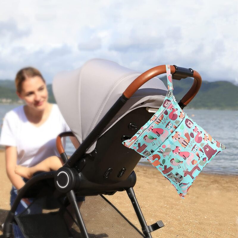 CeeKii Nass und Trocken Wickeltaschen aus Stoff, 3er Pack waschbare Reisetaschen, wasserdichte Nasstasche, wiederverwendbare Baby Strand Pool Sporttasche für Badeanzüge und nasse Kleidung mit Reißv – Bild 3