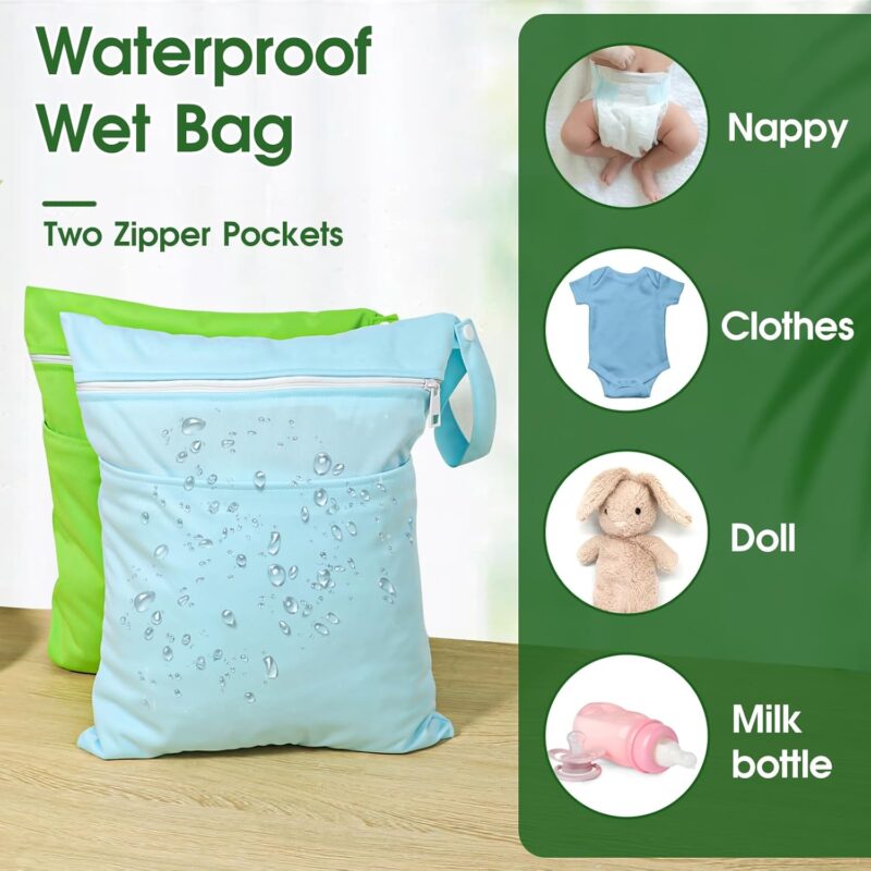 Molain wasserdichte Stoffwindeln Nasstaschen, Wiederverwendbar windeltasche, 2 Stück Wetbag mit Reißverschluss Wet Dry Cloth Windeltasche wasserdichter beutel für Baby Reisen Unterwegs (himmelbl+grün) – Bild 4