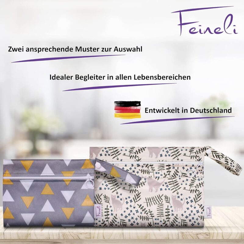 Feineli® Nasstasche Wetbag - 2er Set (Geometrische Dreiecke) Beutel mit Reißverschluss und Trockenfach - Aufbewahrungstasche, ideal für Stoffwindeln, Badekleidung, Stilleinlagen, Damenbinden – Bild 5