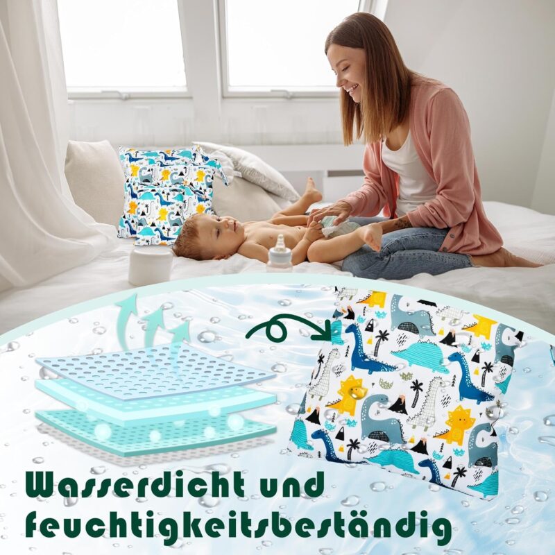 Rinfency 3 Stück Wetbag Groß Kindergarten für Baby Personalisiert Nappy Bag, Lässig Nasstasche Wechselwäsche Schwimmsachen wasserdichte Windeltasche, Klein Bikini Wet Bag Schwimmen Set (Dino) – Bild 4