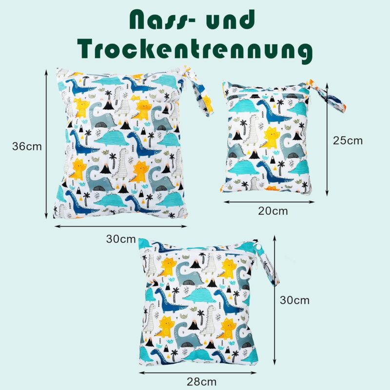 Rinfency 3 Stück Wetbag Groß Kindergarten für Baby Personalisiert Nappy Bag, Lässig Nasstasche Wechselwäsche Schwimmsachen wasserdichte Windeltasche, Klein Bikini Wet Bag Schwimmen Set (Dino) – Bild 6