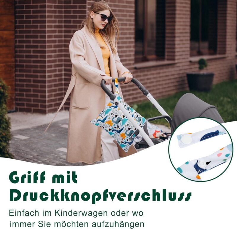 Rinfency 3 Stück Wetbag Groß Kindergarten für Baby Personalisiert Nappy Bag, Lässig Nasstasche Wechselwäsche Schwimmsachen wasserdichte Windeltasche, Klein Bikini Wet Bag Schwimmen Set (Dino) – Bild 2