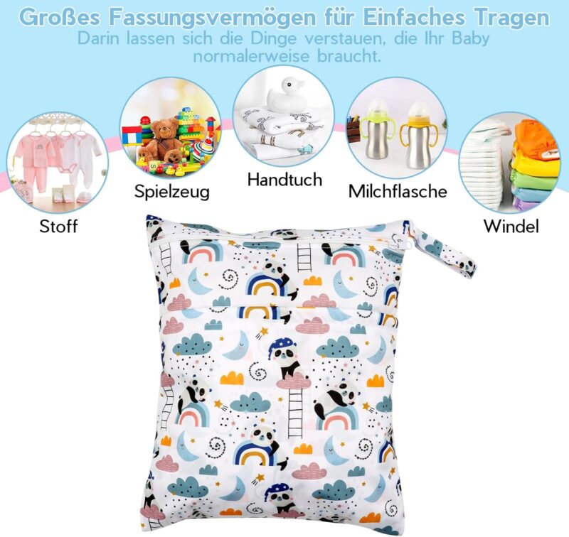 SPOKKI 3 Stück Baby Nasstaschen Windeltasche, Cartoon-Druck Wasserdicht Wetbag Organiser Beutel mit Doppelter Reißverschluss, Wiederverwendbare Wäschebeutel Wickeltasche Stoffwindeln – Bild 4