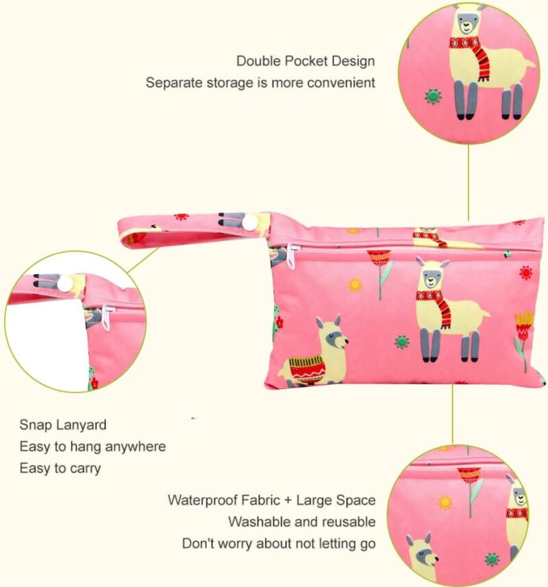 Windeltasche, 2 Stück kleine Windeltasche, Kindertasche für Reisen, Neugeborene, Dry Bag, waschbar, wiederverwendbar, wasserdichter Reißverschluss, Organizer (Rosa Alpaka-Modell + Strauß-Modell) – Bild 3