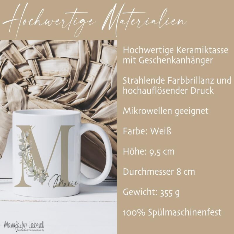 Manufaktur Liebevoll Tasse personalisiert mit Buchstabe Tasse mit Name Kaffeetasse personalisiert Namenstasse Geschenk Keramik Frau Sie (Motiv Eukalyptus) – Bild 4