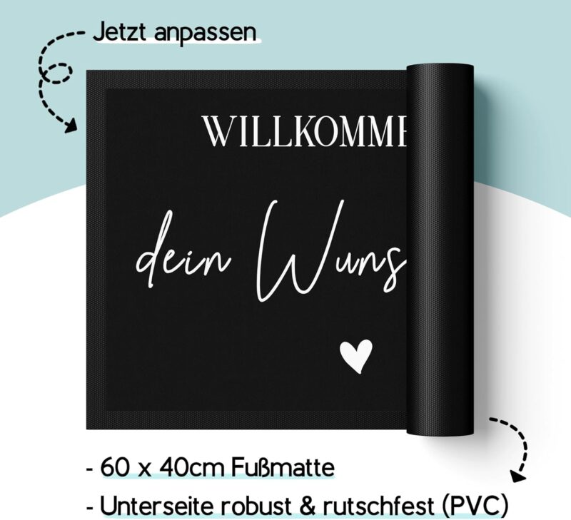 Kiddle-Design Fußmatte personalisiert Herzlich Willkommen Bei mit Wunschname Geschenk Einzug Richtfest Fußabtreter flach & dünn 60x40cm Türvorleger – Bild 3