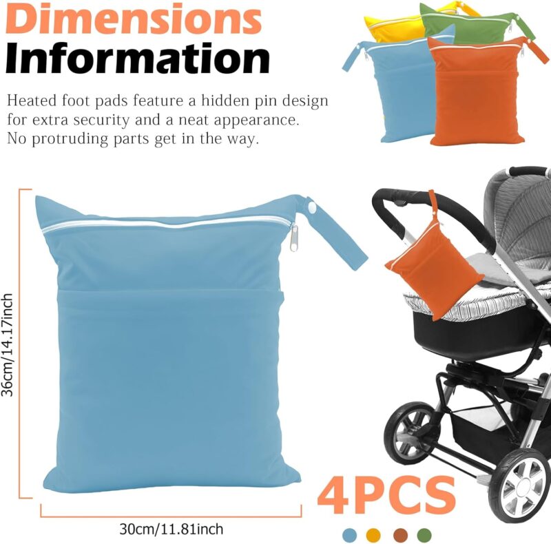 GOEDCH 4 Stück wasserdichte Stoffwindeln Nasstaschen: Große Wet Dry Cloth Windeltasche mit Reißverschluss, Wiederverwendbare Wickeltasche Beutel für Baby Reisen Unterwegs (Blau Grün Gelb Orange) – Bild 2