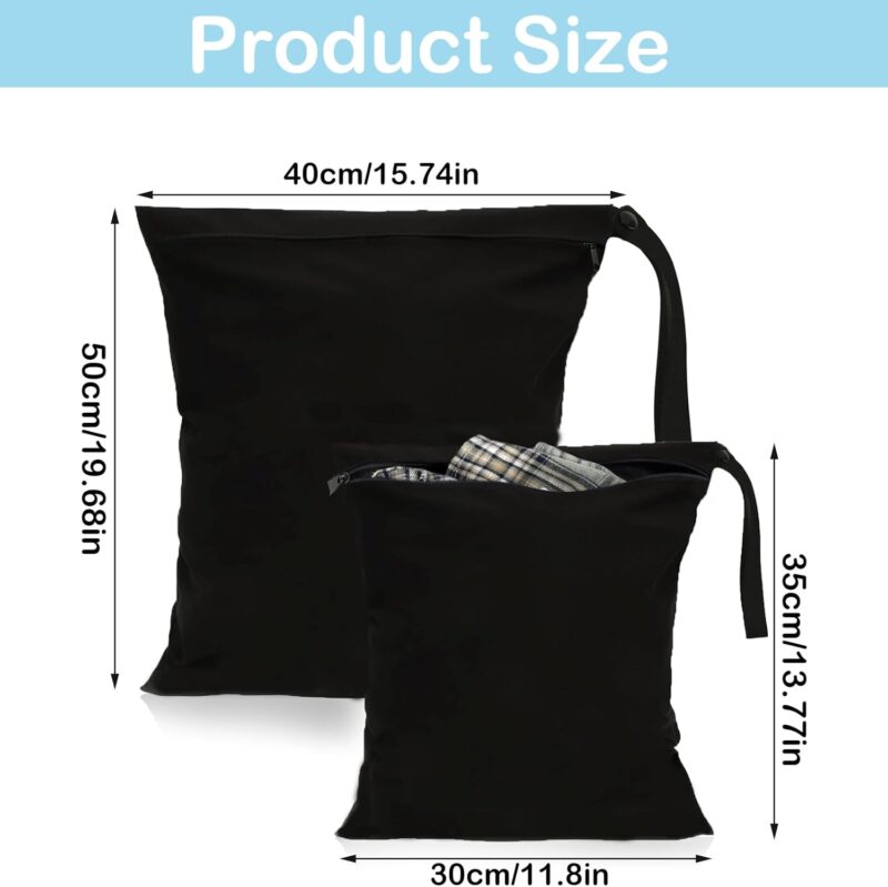 INQUIRLLY Wetbag 40x50 cm 2 Stück Nasstasche Wiederverwendbar mit Reißverschluss wasserdichte Wet Bag Schmutzige Kleidung Tasche Organiser für Badeanzüge, Strandtuch, Sportkleidung (Schwarz) – Bild 2