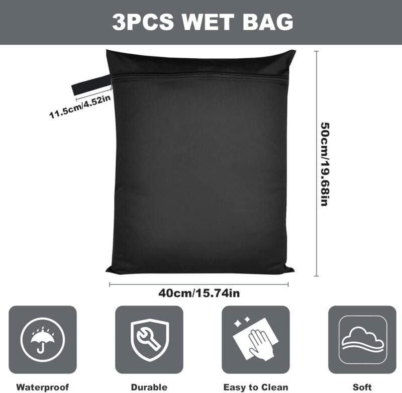 JOLIGAEA 3 Stück Wetbag 40 cm x 50 cm, Nasstasche Wiederverwendbar mit Reißverschluss, Schmutzige Kleidung Tasche Organiser, Wasserdichte Wet Bag für Zuhause Strand Reisen Camping Fitness, Schwarz – Bild 2