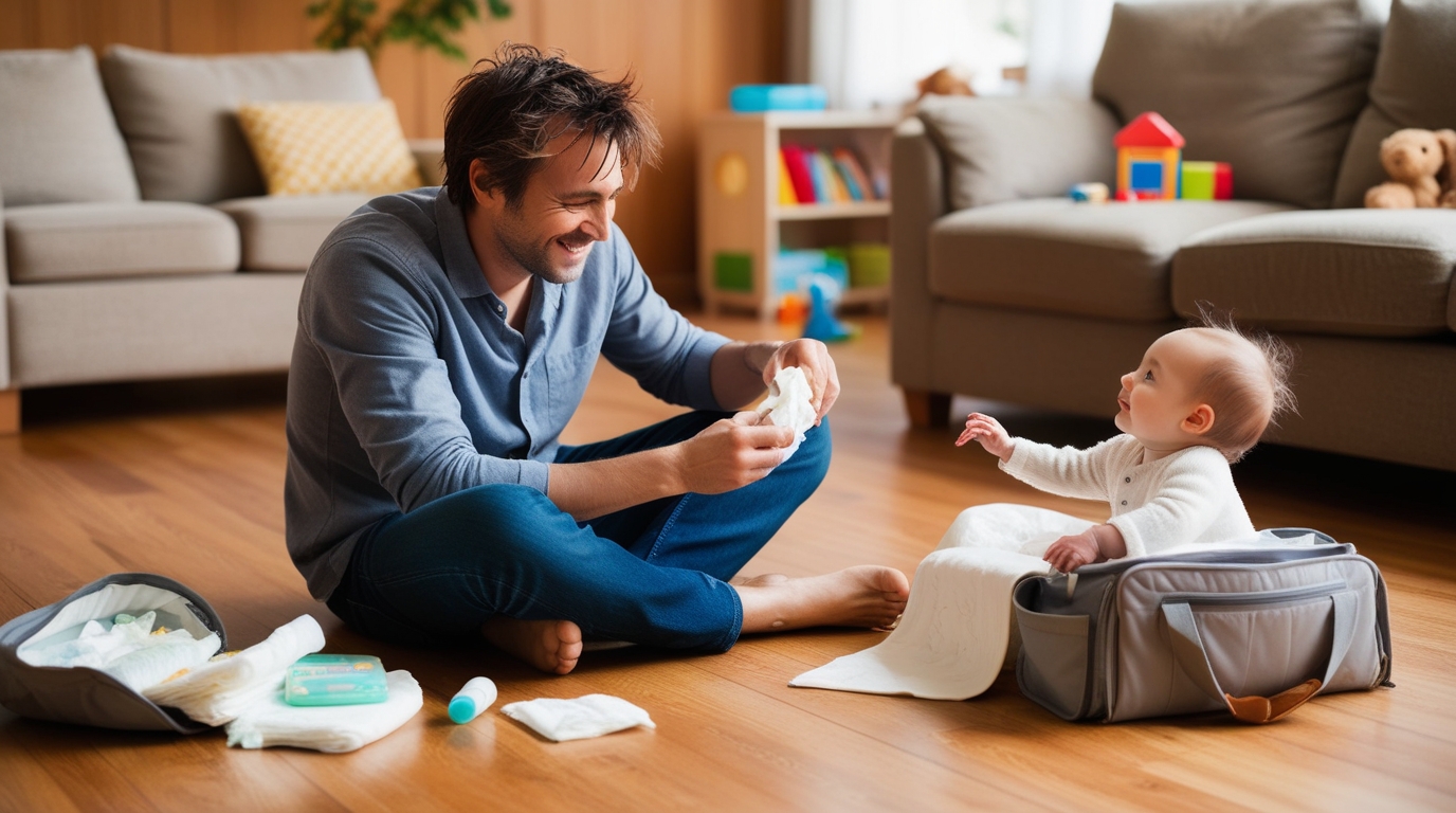 vater mit kind im wohnzimmer mit watbag