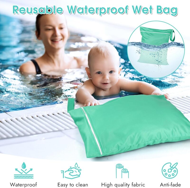 Svalor 2 Stück Wet Bag, Wiederverwendbar Schmutzige Kleidung Nasstasche, wasserdichte Wetbag Schwimmsachen mit Reißverschluss, für Baby-Stoffwindeln Sportkleidung Badeanzüge, 40 x 50 cm, Grün – Bild 3