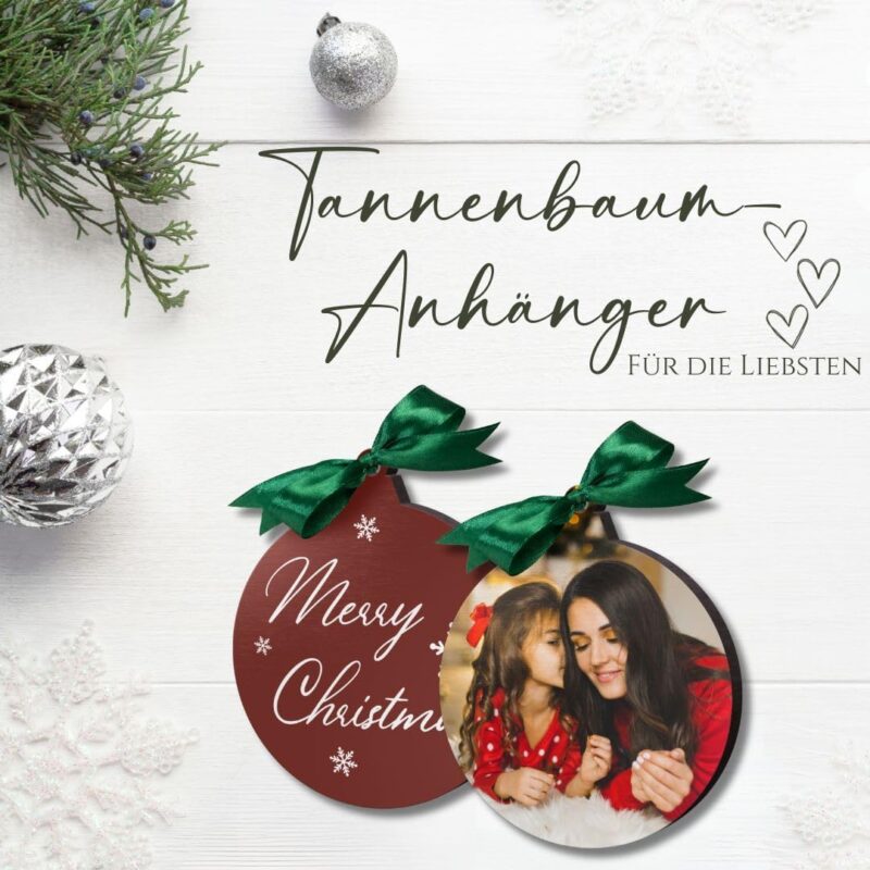 Personalisierte Holzanhänger Weihnachten - Christbaumkugel Weihnachtskugeln mit Foto Namen Text personalisiert - Weihnachtsdeko Holz für den Tannenbaum – Bild 3