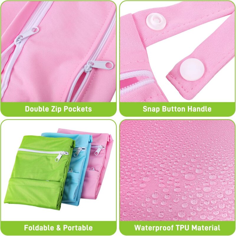 Huiguli wasserdichte Stoffwindeln Nasstaschen, 3 Stück Wiederverwendbare Wetbag, Große Wet Dry Cloth Windeltasche mit Reißverschluss für Baby Schwimmen, Reisen, Fitnessstudio(GrüN Blau Rosa) – Bild 3