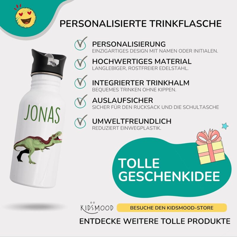 KIDSMOOD - Personalisierte Trinkflasche für Kinder aus Edelstahl, 500ml mit integriertem Trinkhalm, Auslaufsicher, Spülmaschinenfest und Perfekt für Schule & Kindergarten – Bild 7