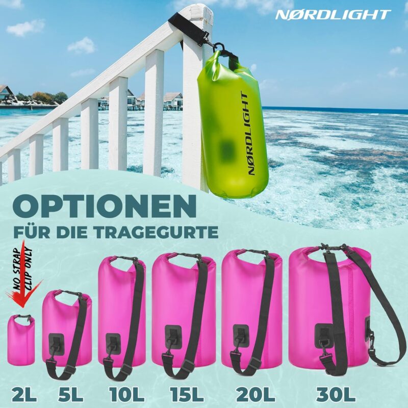 Nordlight Dry Bag wasserdichte Tasche - 2l 5l 10l 15l 20l 30l Liter | Wasserfester Packsack Seesack Beutel Waterproof Drybag + Roll-Top + Schultergurt | Schwimmen Baden Strand Kanu SUP Tauchen Handy – Bild 4