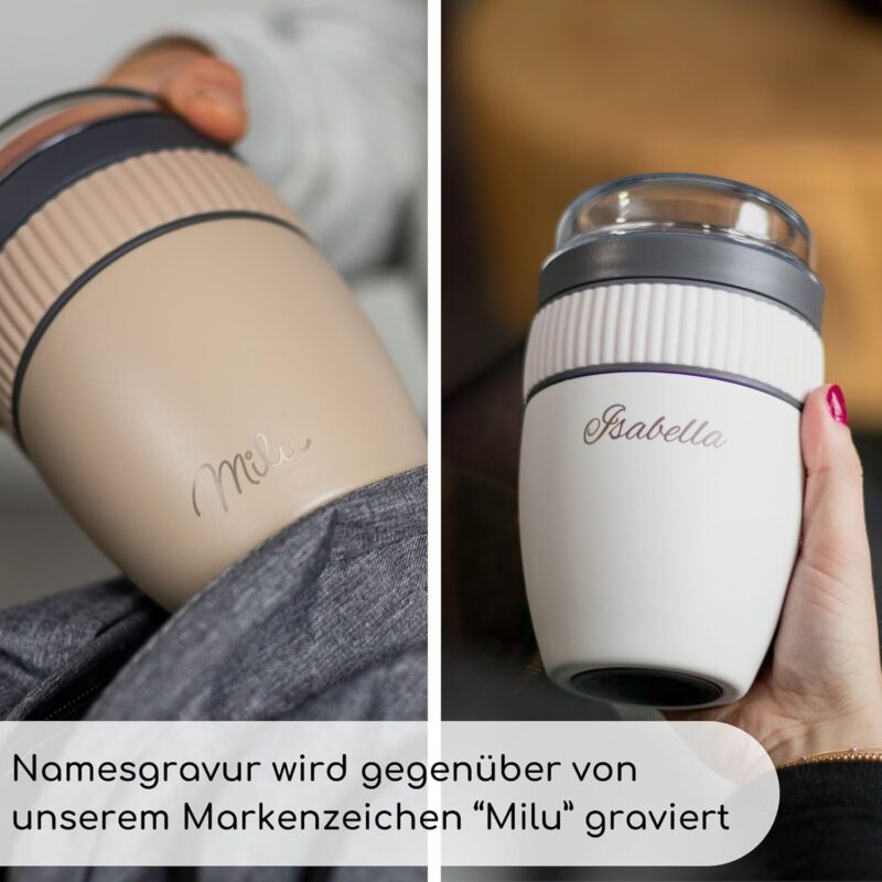 Milu Müslibecher to go 400ml mit Names Gravur MüsliMax Edelstahl Joghurtbecher für Müsli I auslaufsicherer Becher mit Löffel (Gravur) – Bild 4