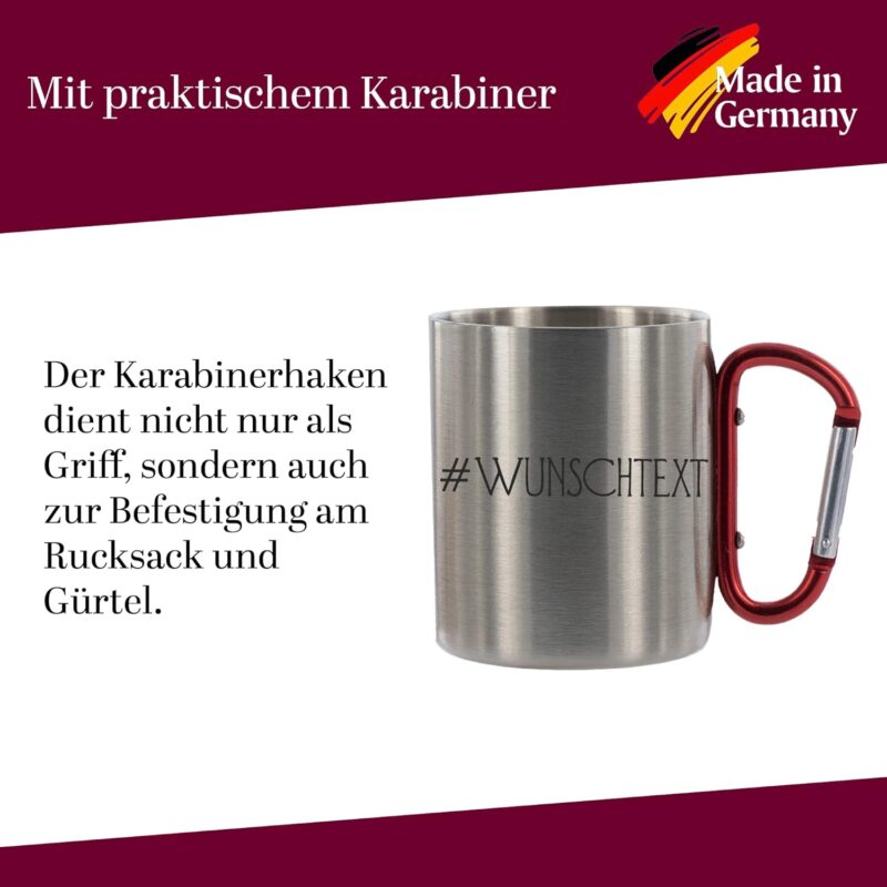 Crealuxe Edelstahltasse mit Karabiner '# Wunschtext' Tasse personalisiert, Kaffeetasse, Bürotasse, Metalltasse mit Name, Gravur – Bild 3