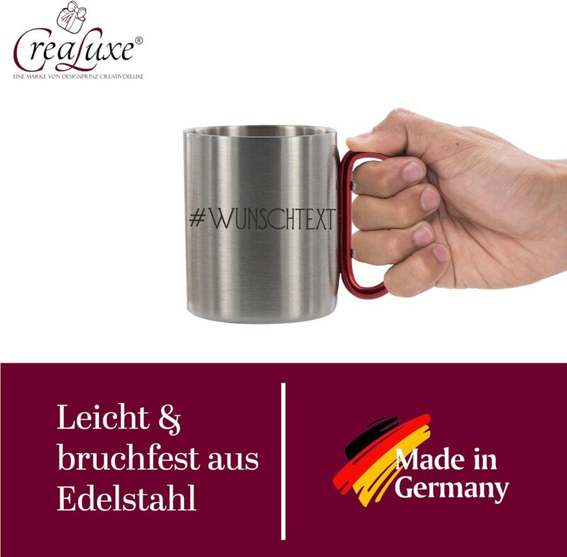 Crealuxe Edelstahltasse mit Karabiner '# Wunschtext' Tasse personalisiert, Kaffeetasse, Bürotasse, Metalltasse mit Name, Gravur – Bild 4