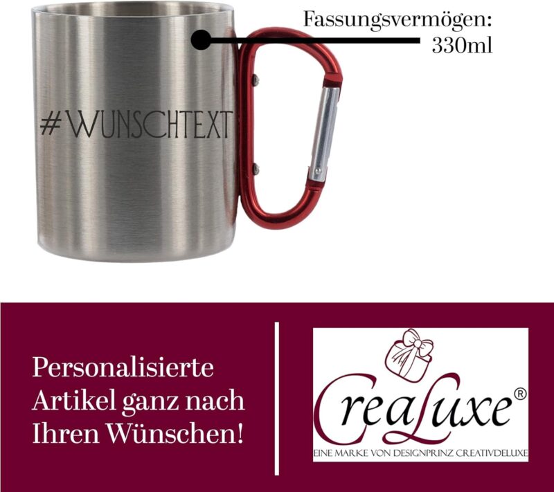 Crealuxe Edelstahltasse mit Karabiner '# Wunschtext' Tasse personalisiert, Kaffeetasse, Bürotasse, Metalltasse mit Name, Gravur – Bild 7