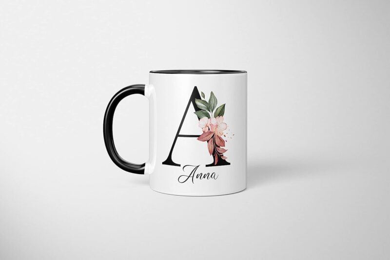 Personalisierte Tasse - "Namens-Tasse mit Blumen Motiv" - mit Ihrem Anfangsbuchstaben und Namen - personalisiert - Geburtstag - Kaffeetasse - beidseitig bedruckt - Geschenke für Frauen (Schwarz) – Bild 3