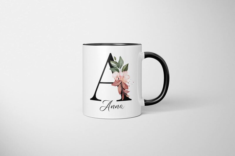 Personalisierte Tasse - "Namens-Tasse mit Blumen Motiv" - mit Ihrem Anfangsbuchstaben und Namen - personalisiert - Geburtstag - Kaffeetasse - beidseitig bedruckt - Geschenke für Frauen (Schwarz) – Bild 4