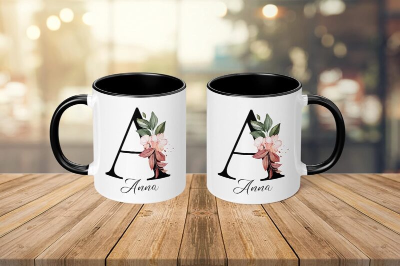 Personalisierte Tasse - "Namens-Tasse mit Blumen Motiv" - mit Ihrem Anfangsbuchstaben und Namen - personalisiert - Geburtstag - Kaffeetasse - beidseitig bedruckt - Geschenke für Frauen (Schwarz) – Bild 5