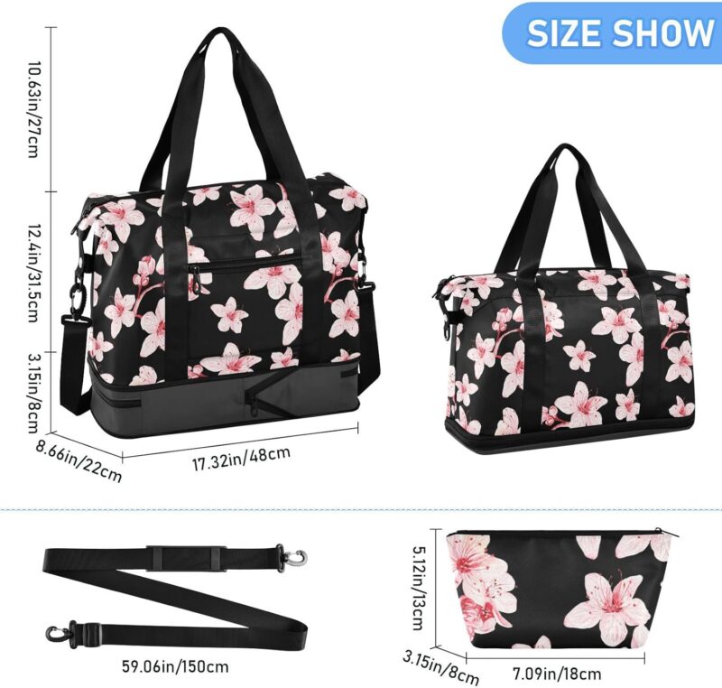 Mnsruu Große Weekender Übernachtungstasche, Reisetasche mit Schuhfach und Nasstasche, japanische Sakura-Kirschblüten-Sporttasche mit Kulturbeutel, #04, Einheitsgröße, modisch – Bild 3