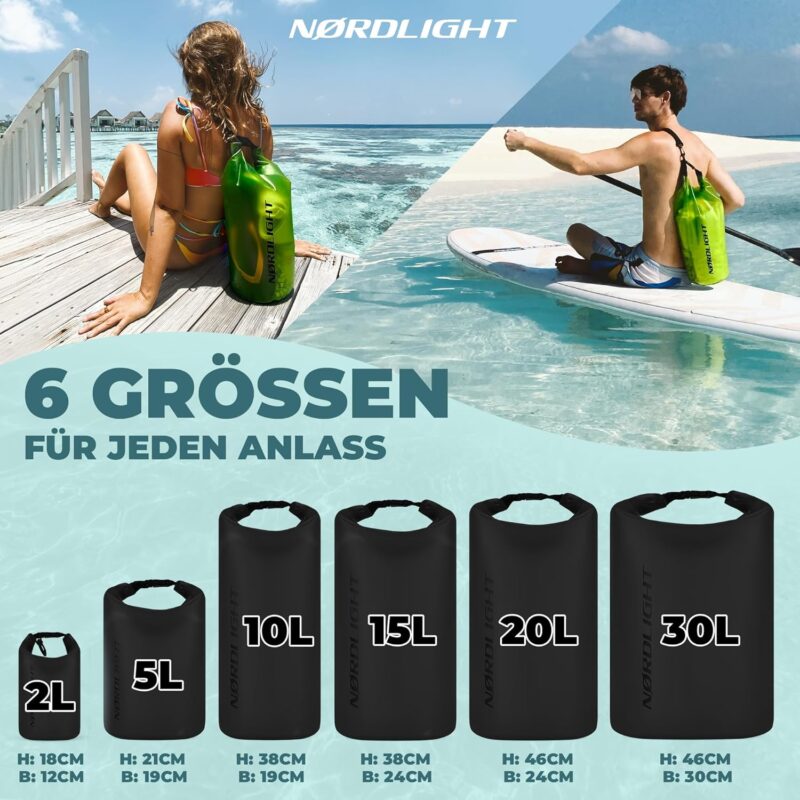 Nordlight Dry Bag wasserdichte Tasche - 2l 5l 10l 15l 20l 30l Liter | Wasserfester Packsack Seesack Beutel Waterproof Drybag + Roll-Top + Schultergurt | Schwimmen Baden Strand Kanu SUP Tauchen Handy – Bild 3