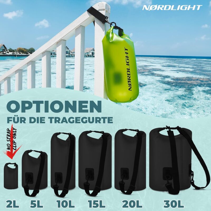 Nordlight Dry Bag wasserdichte Tasche - 2l 5l 10l 15l 20l 30l Liter | Wasserfester Packsack Seesack Beutel Waterproof Drybag + Roll-Top + Schultergurt | Schwimmen Baden Strand Kanu SUP Tauchen Handy – Bild 4