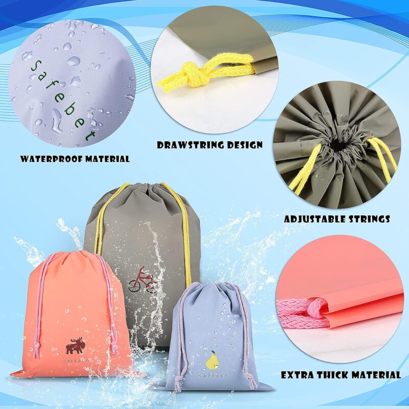 Coolzon 8 Stück wasserdichte Beutel Kordelzug, Aufbewahrungstaschen Turnbeutel Kinder Kleidung Schuhbeutel Strand Schwimmen Reise Gym Organizer Beutel Rucksäcke 8 Muster 3 Größen – Bild 3