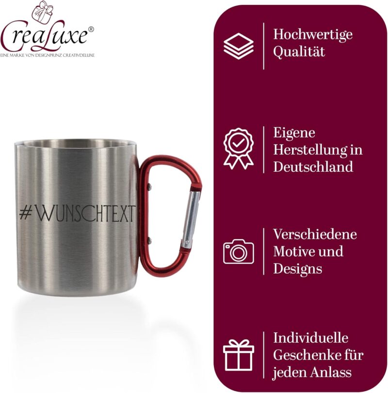 Crealuxe Edelstahltasse mit Karabiner '# Wunschtext' Tasse personalisiert, Kaffeetasse, Bürotasse, Metalltasse mit Name, Gravur – Bild 2