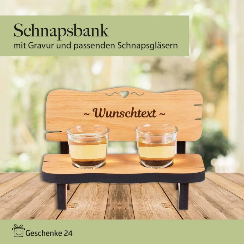 Personalisierte Schnapsbank mit Gravur | Graviert mit Wunschtext | inkl. 2 Schnapsgläser | Rentnerbank Schnapsbänkle | Geschenkidee zum Geburtstag für Männer | Pausenbank Oma Opa – Bild 2