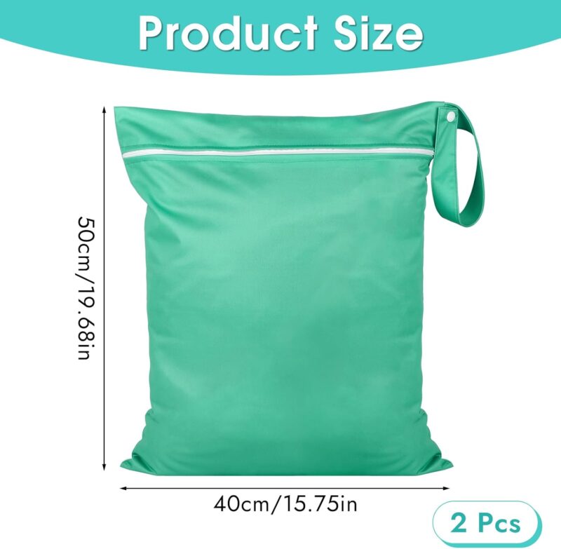 Svalor 2 Stück Wet Bag, Wiederverwendbar Schmutzige Kleidung Nasstasche, wasserdichte Wetbag Schwimmsachen mit Reißverschluss, für Baby-Stoffwindeln Sportkleidung Badeanzüge, 40 x 50 cm, Grün – Bild 2