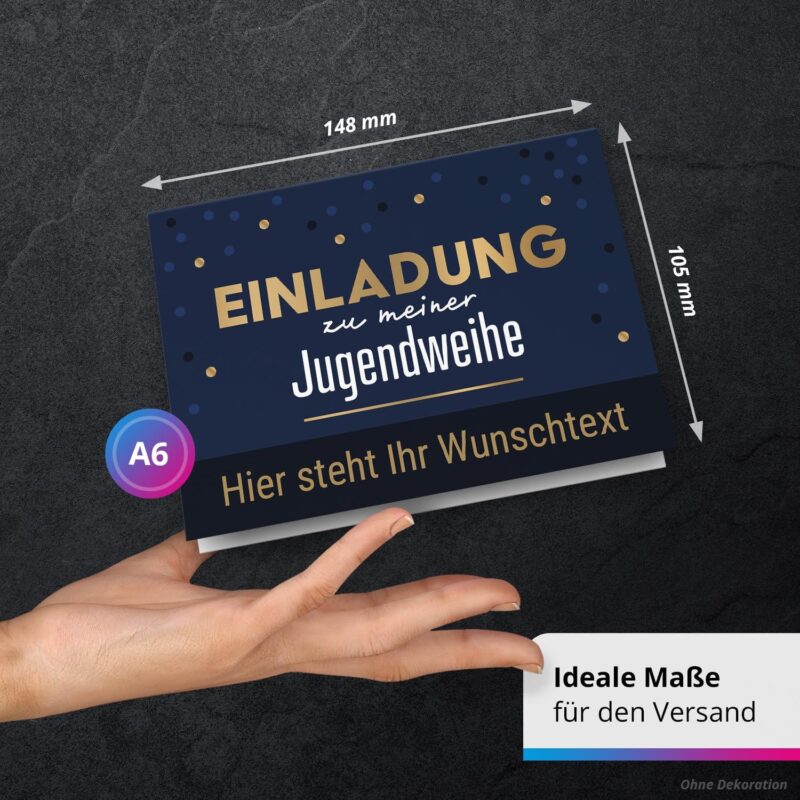 10 personalisierte Jugendweihe Einladungskarten mit eigenem Text und Foto - Blau Gold Look Jungen Jungs - Einladungen mit Umschlägen – Bild 3