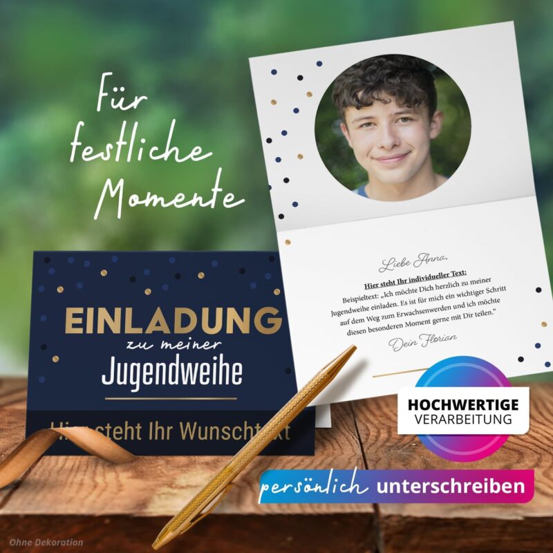 10 personalisierte Jugendweihe Einladungskarten mit eigenem Text und Foto - Blau Gold Look Jungen Jungs - Einladungen mit Umschlägen – Bild 6