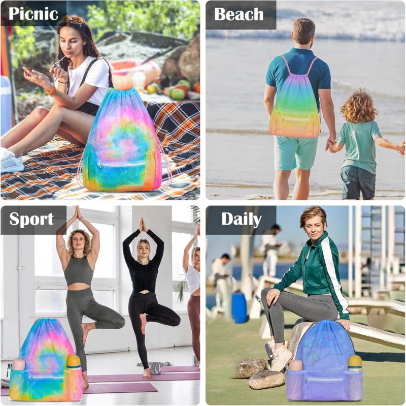 Nidoul Mesh Kordelzug Tasche mit Reißverschlusstasche, Strand Tasche für Schwimmen Gear Rucksack Gym Aufbewahrungsbeutel für Erwachsene Kinder – Bild 7