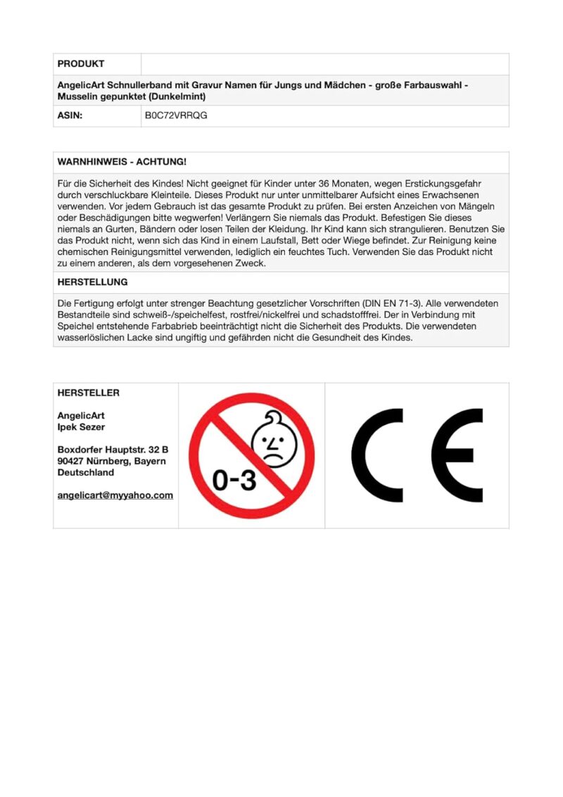 AngelicArt Schnullerband mit Gravur Namen für Jungs und Mädchen - große Farbauswahl - Musselin gepunktet (Dunkelmint) – Bild 3