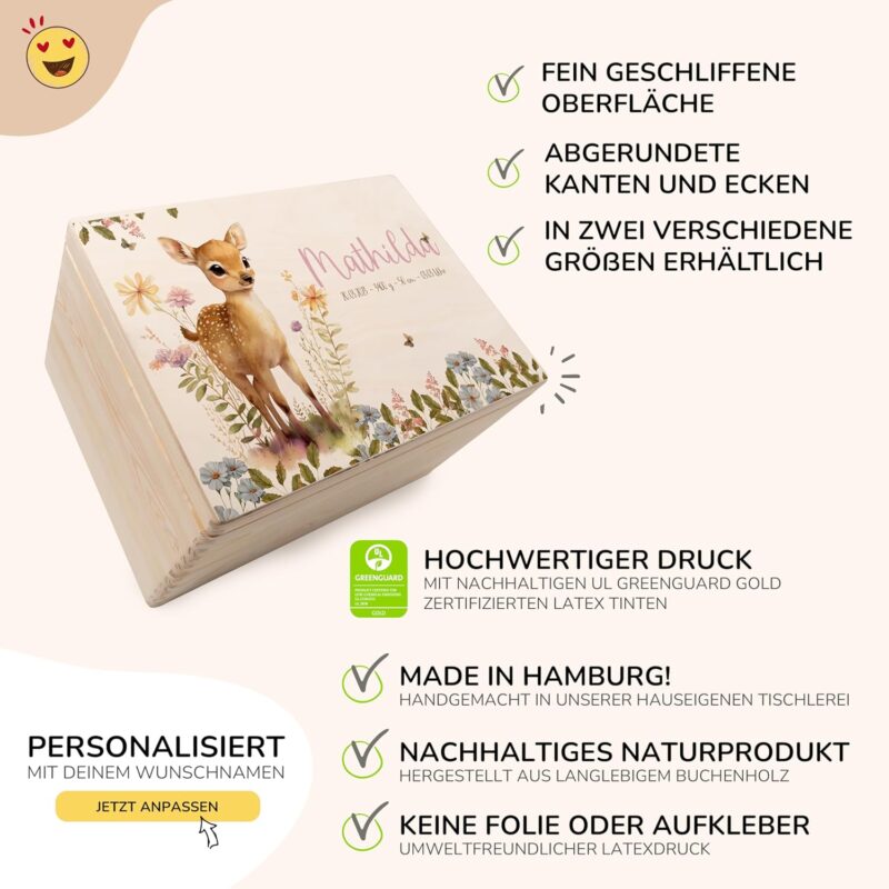 KIDSMOOD - Personalisierte Erinnerungsbox Baby, Holzkiste mit Deckel, Erinnerungskiste als Geschenkidee zur Geburt oder zum Geburtstag für Mädchen und Jungen, Baby-Box mit Namen – Bild 4