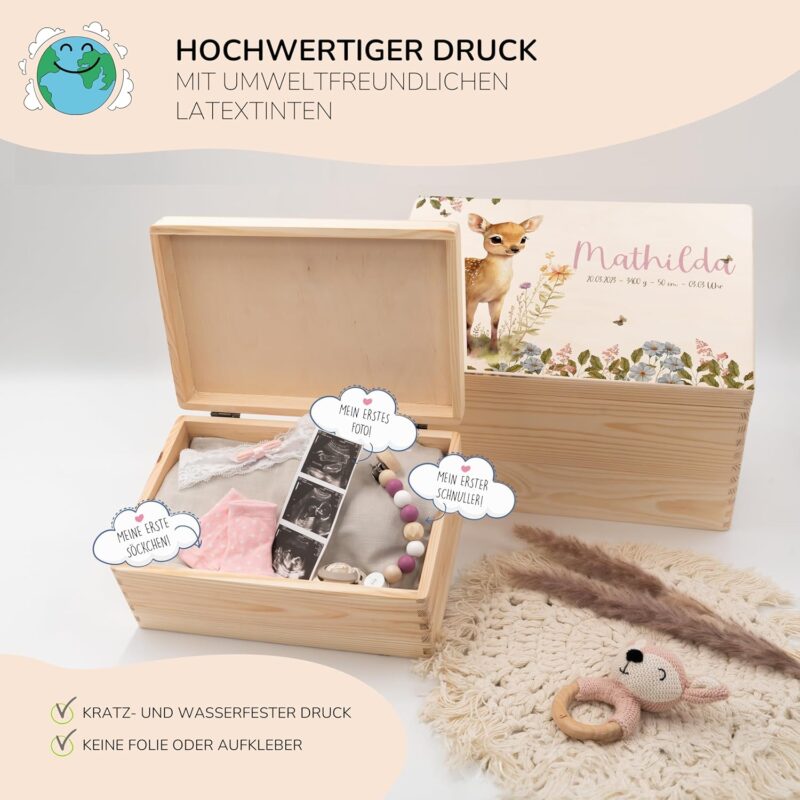 KIDSMOOD - Personalisierte Erinnerungsbox Baby, Holzkiste mit Deckel, Erinnerungskiste als Geschenkidee zur Geburt oder zum Geburtstag für Mädchen und Jungen, Baby-Box mit Namen – Bild 5