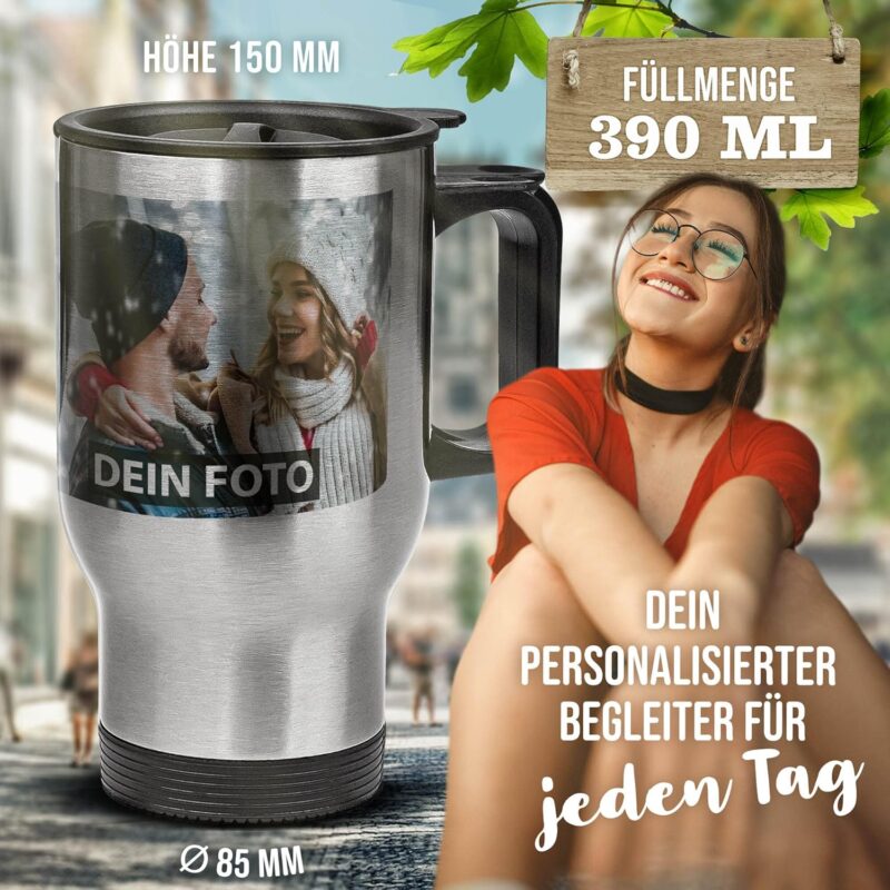 Tassendruck Edelstahl-Thermobecher selbst gestalten individuell mit Text und/oder Foto - Coffee to Go Becher, Reisebecher BPA-frei, Camping, Büro | Personalisiertes Geschenk, Silber, 390 ml – Bild 3