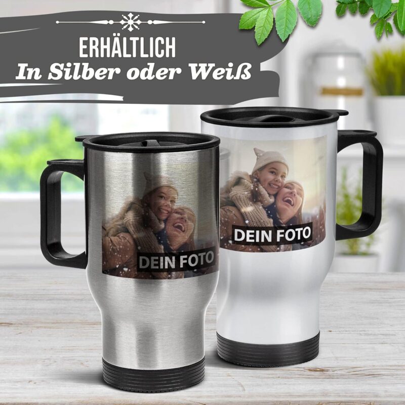 Tassendruck Edelstahl-Thermobecher selbst gestalten individuell mit Text und/oder Foto - Coffee to Go Becher, Reisebecher BPA-frei, Camping, Büro | Personalisiertes Geschenk, Silber, 390 ml – Bild 5