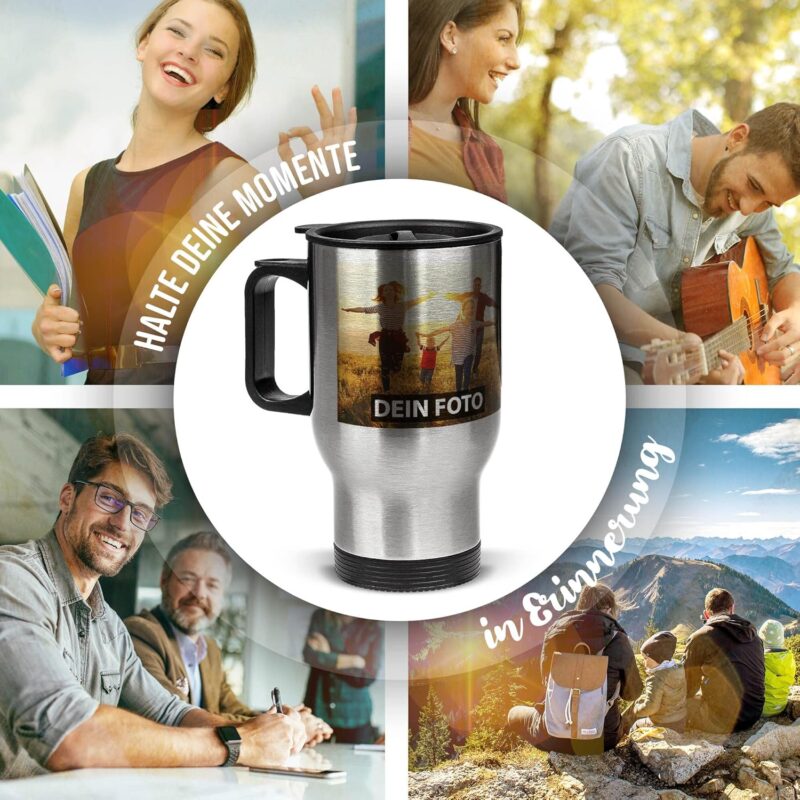 Tassendruck Edelstahl-Thermobecher selbst gestalten individuell mit Text und/oder Foto - Coffee to Go Becher, Reisebecher BPA-frei, Camping, Büro | Personalisiertes Geschenk, Silber, 390 ml – Bild 6