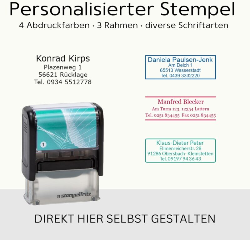 Personalisierter Stempel stempelfritz schwarz-türkis/Adressstempel mit Individuellem Wunschtext inkl. Stempelkissen zum Gestalten - 38x14mm / 4 Zeilen (Gr.1) – Bild 3