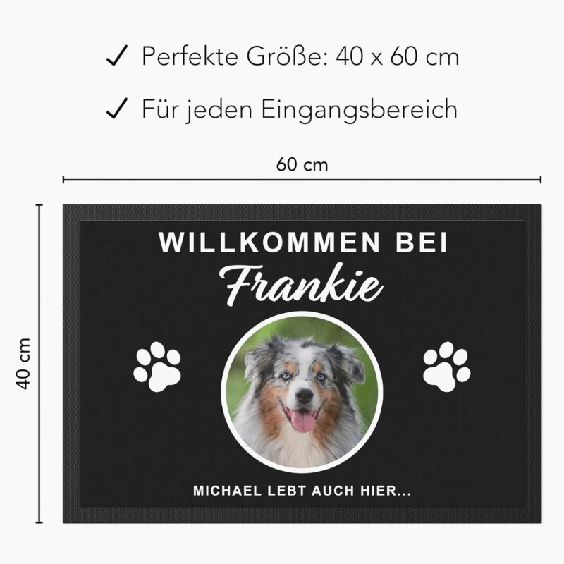 DEL MÀ Unique & Personal Fußmatte Hund personalisiert Einweihungsgeschenk Wohnung Hunde Geschenk zum Einzug ins Haus Fußabtreter Haustür Schmutzfangmatte für Innen 60x40 cm (1 Hund) – Bild 3