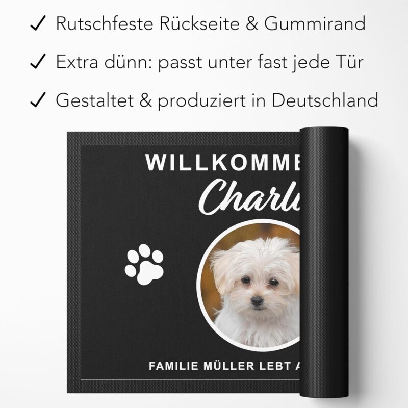 DEL MÀ Unique & Personal Fußmatte Hund personalisiert Einweihungsgeschenk Wohnung Hunde Geschenk zum Einzug ins Haus Fußabtreter Haustür Schmutzfangmatte für Innen 60x40 cm (1 Hund) – Bild 5