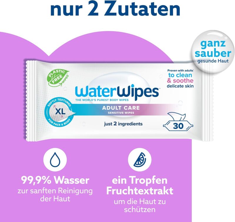 WaterWipes Adult Care Hygiene-Tücher, 90 Stück (3 Pack), extra groß, 99,9% Wasserbasis, für Körper & Intimbereich für den täglichen Gebrauch. – Bild 3