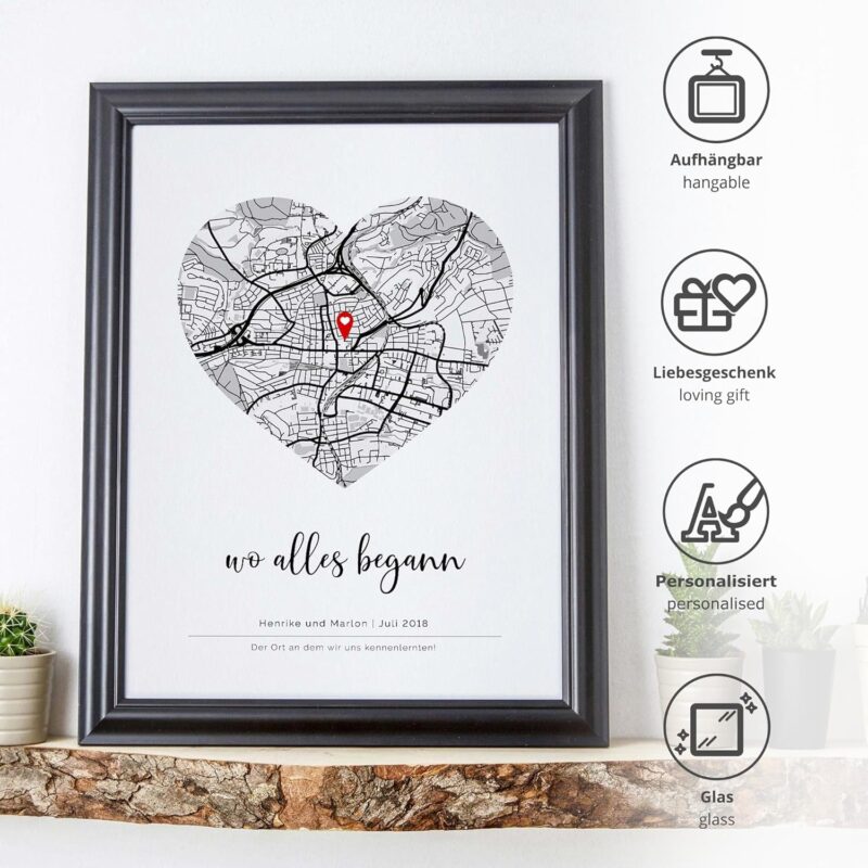 Wo alles begann Bild, Personalisiertes Poster mit Rahmen, Deko Herz Stadtkarte, Bild mit Rahmen, Stadtplan Wandbild, Personalisierte Bilder, Einzugsgeschenke, Partnergeschenk, Einweihungsgeschenk – Bild 4