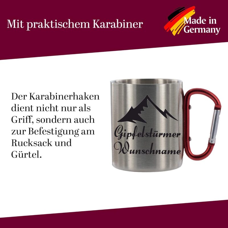 CreaLuxe Edelstahltasse mit Karabiner - Gipfelstürmer (Wunsch Name) - Tasse personalisiert - Kaffeetasse - Bürotasse - Personalisierte Geschenke - Personalisierte Tasse mit Namen – Bild 3